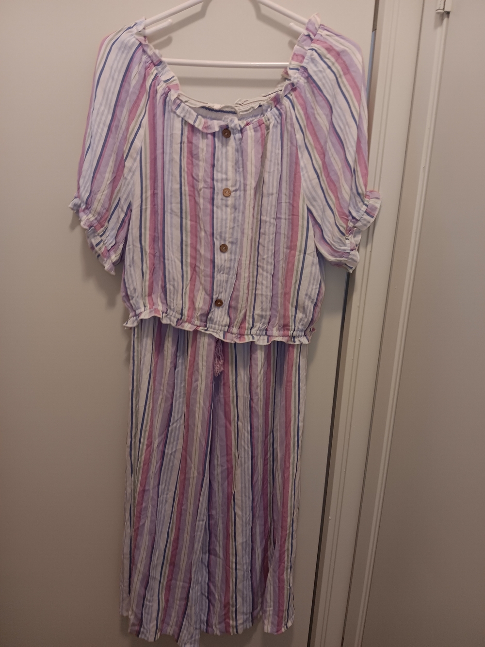Striped Off-Shoulder Two-Piece Top/pants set — Pastel Pink & Blue